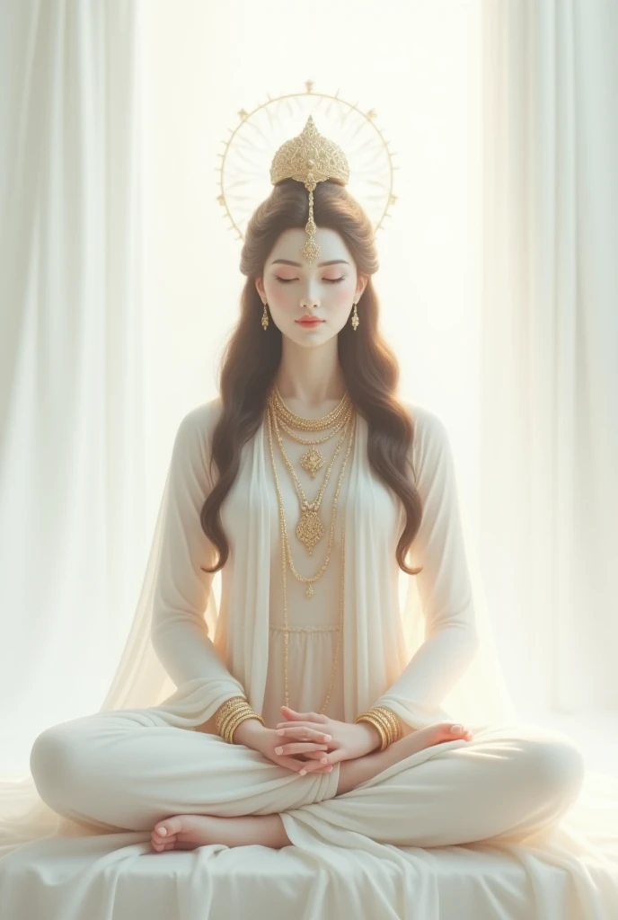 A woman with long VERY blue hair, in a meditation position with her eyes closed and her hands in a prayer position. She is wearing a light blue dress. The image should be a full-body shot in a meditation position, very realistic, in an all-white temple with a white floor, white stone walls, white ceiling, and white columns