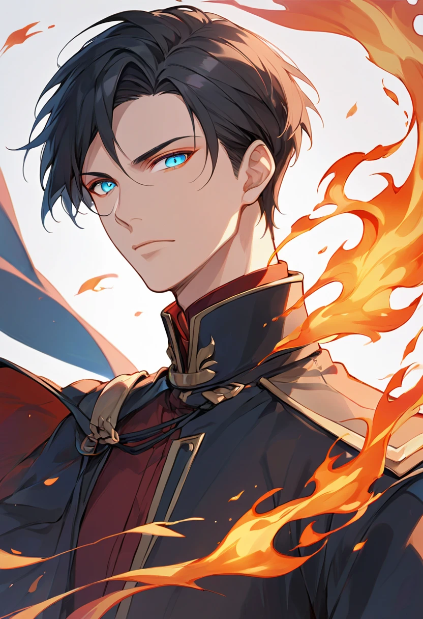 solo, handsome, 1 male, black coat, red shirt, short hair, black hair, blue eyes, Avatar, fire