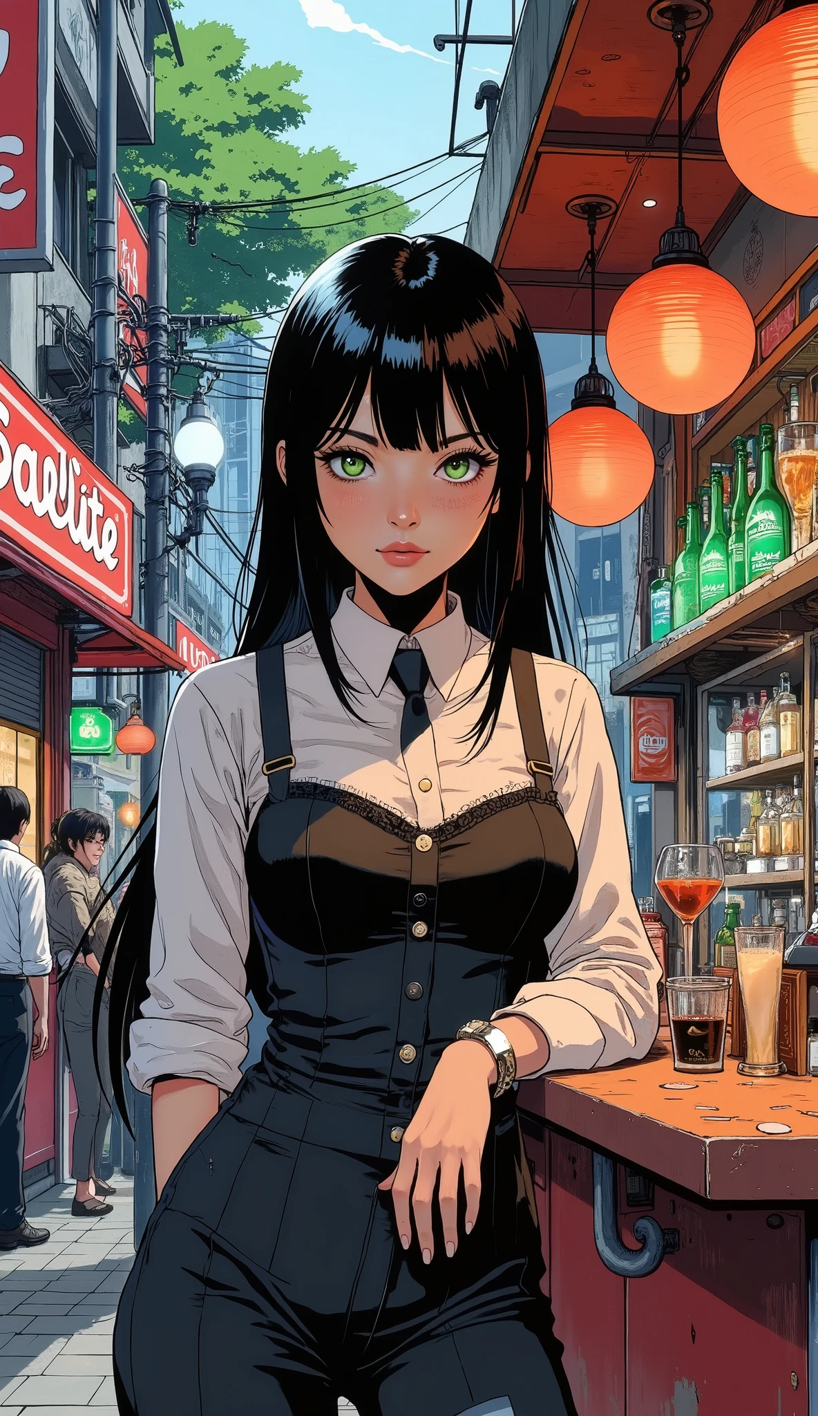 Scenery with a street stall in an office district, Beautiful clerk,  beautifully detailed eyes,  Beautifully Detailed Lips ,  highly detailed eyes and faces,  long lashes,  long straight black hair ,  green eyes, Street Food Bars ,  Cocktails Lined Up ,  sign"SATELLITE", Detailed finger features, ( Bartender Costumes, waiter apron, Black vest,  Y shirt, black pants style),  Ambient Stalls ,  dramatic lighting ,  dark fantasy ,  indecent vibe, Beautiful round breasts:1.2,  tempting viewers :1.2,  bright color,  cinematic composition ,  anime style:1.2, Detailed CG illustration, 8k, masterpiece．