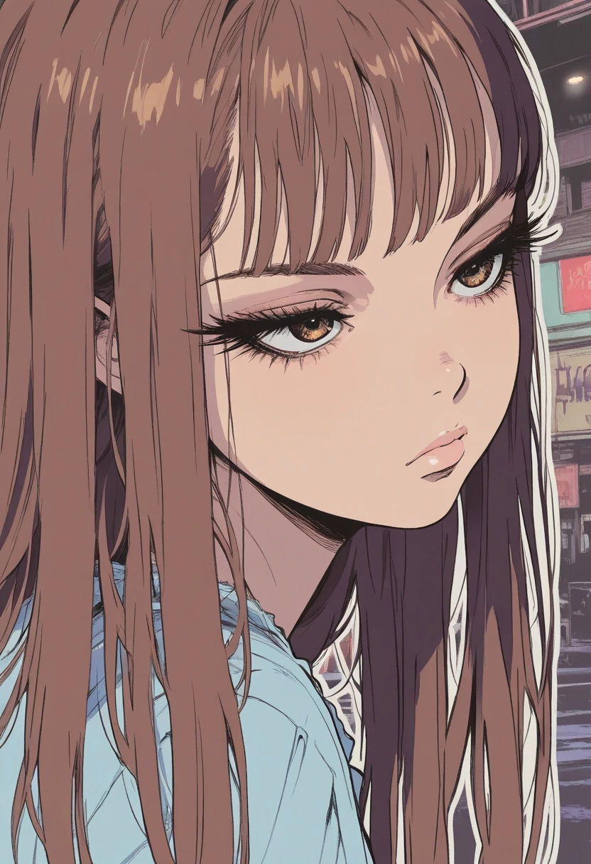 rough drawing, strong storke anime, thick outline, flat anime, long eyelashes, low saturation, masterpiece, 1girl , solo, long hair, brown hair, look at me, at tokyo street,