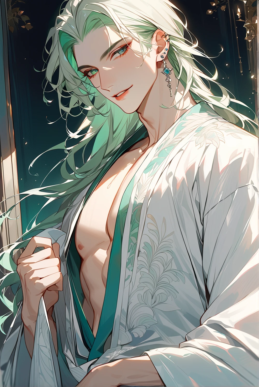 ((melhor qualidade)), ((obra-prima)), (altamente detalhado:1.3), a muscular man with long sea green hair pale skin wearing a luxurious Japanese kimono in red and gold open with a Japanese heavenly palace, rosto detalhado, detailed hands, olhos cor de rosa, cabelos verde mar, quimono aberto mostrando os musculos do torso, quimono aberto, corpo musculoso, pale, olhos cor de rosa, malicious eyes, olhos cor de rosa, vestimenta aberta