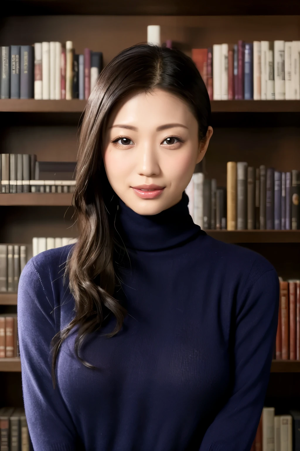 ( top quality、 table top、8k、Award-winning works、 ultra high definition、 top quality)、 one beautiful woman wearing 、( perfect dark navy tight knit turtleneck sweater:1.3)、( Big Breasts:1.2)、(slender:1.1)、 Libraries 、(She is standing gracefully:1.1)、(Strongly blurred background:1.1)、Stand next to a bookshelf、( perfectly organized bookshelf :1.1)、background bookcase 、A cozy Libraries 、Lipstick、 eyelashes are long in the water、 Completely-valid、 Soft and Warm Lighting、Detailed bookshelf、( ultra high definitionの正確な美しい髪:1.1)、( Exact Anatomy:1.2)、Ultra-high definition beautiful eyes、( mysterious and beautiful fog :1.1)、( face close-up:1.1)、( expressionless:1.2)、艶やかなLipstick