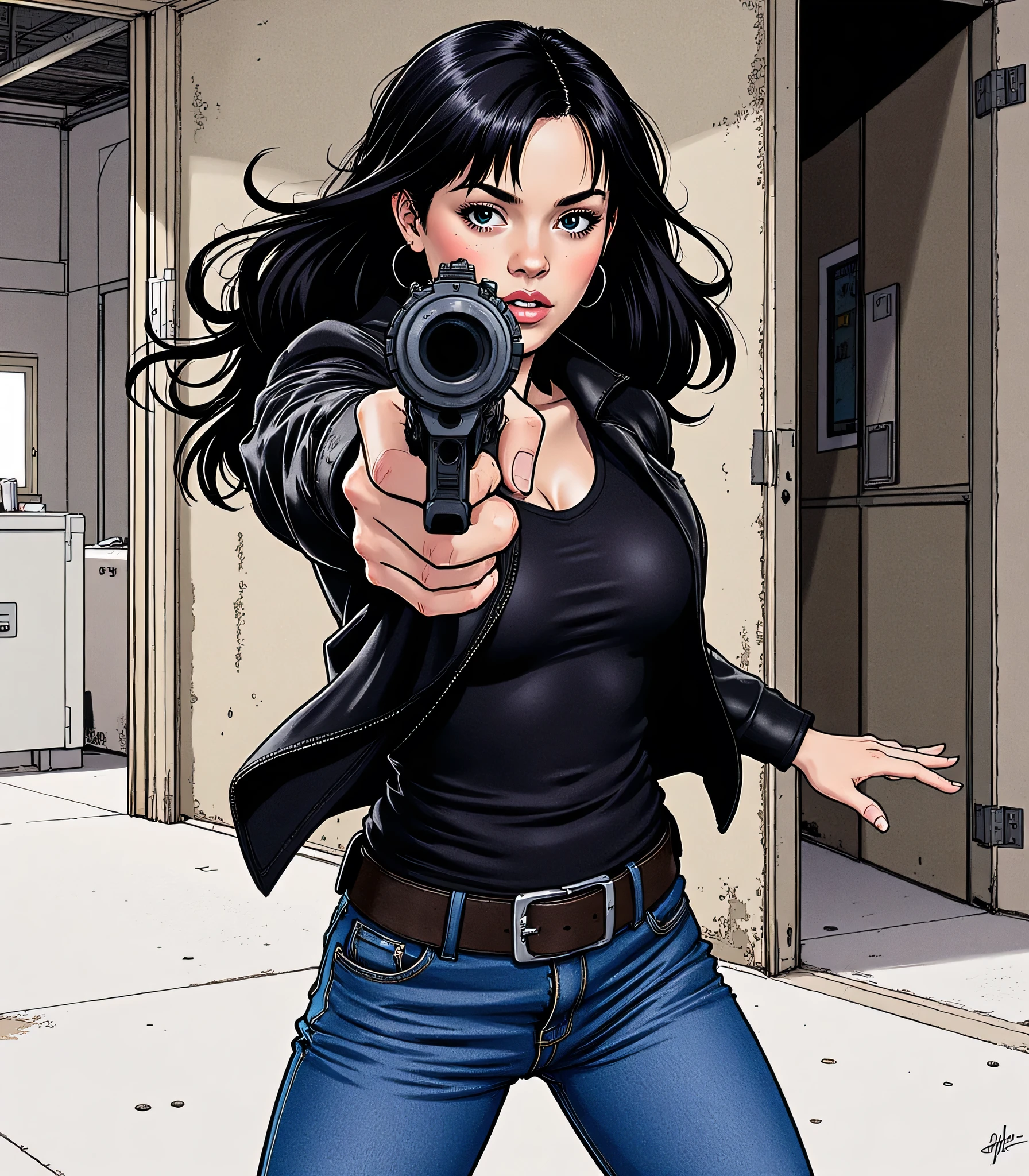 Illustration, masterpiece, portrait of Jenna Ortega, tiny and athletic, wearing a black leather jacket and a blue jeans, fighting pose, angry, ready for battle, Pointing Gun at Viewer, inside an old factory, very dark, long black hair, black eyes, worried, high resolution, high definition, comics drawing with ink and watercolor, on white paper, American comics, many details 