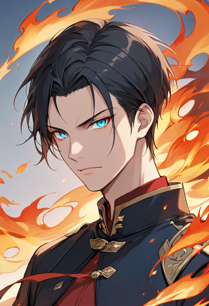 solo, handsome, 1 male, black coat, red shirt, short hair, black hair, blue eyes, Avatar, fire