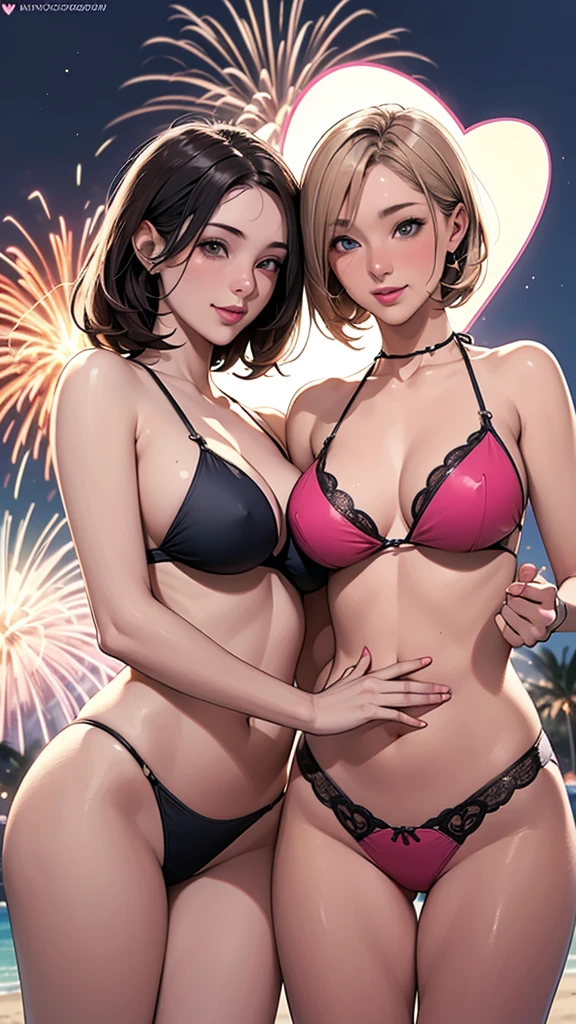 (((Two bewitching girls))), (((2girls))), they are best friends, (heart shaped hands, perfect description), (two girls portrait):1.4, looking at the camera, (front view, from below), they are standing on the tropical beach at night, at new year fireworks festival, (the best photography of travel memories), happy new year festival, beautiful intricate fireworks, vibrant fireworks , (perfect depiction looking at the camera, front view, from below), (black short bob cut, beautiful fair skin, beautiful brown eyes , pink lips , smile , attractive body , middle breasts , slim waist , red bikini , string panties , (heart shaped hands, perfect description), in the girl on the left) , BREAK (wavy middle blonde, (tanned skin), beautiful blue eyes, smile, seductive body, black bikini, (heart shaped hands, perfect description), in the girl on the right), best quality, masterpiece, high resolution, incredibly absurdres, perfect anatomy, extremely detailed, intricate accurate artwork, Two bewitching girls in beautiful tropical beach, night sky, beautiful fireworks, new year festival, perfect description, depth of field,