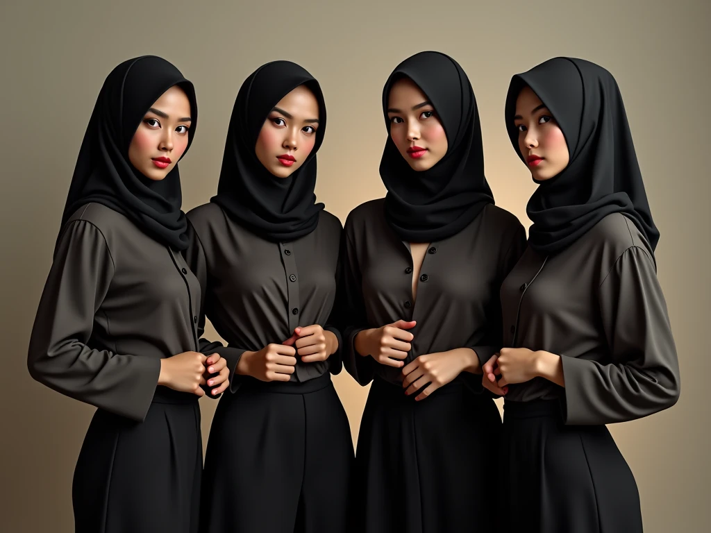 group photography of six Indonesian women wearing matching clothes; gold hijabs, gold suit, ties, black trousers, black shoes, standing next to each other, confident style, posing for a photo shoot, gaze at the camera, they are smilling, bright lighting, photorealistic, intricate details, sharp focus, UHD 8K, high quality photos.