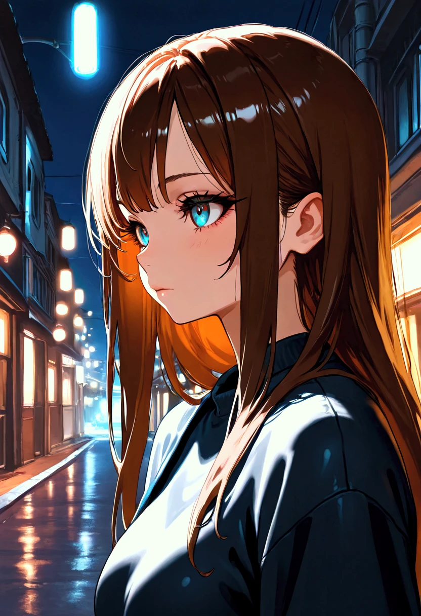 masterpiece, rough stroke anime, thick outline, flat anime, long eyelashes, ,1girl , solo, long hair, brown hair, look at me, in street, sunny ,masterpiece, cinematic lighting, ambient light, volumetric lighting, ultra aesthetic environment, 8k, 16k, hdr, best quality, indirect lighting, super quality composition,