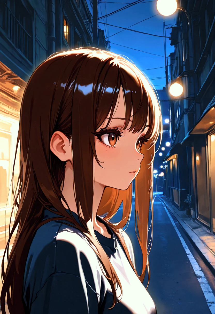 masterpiece, rough stroke anime, thick outline, flat anime, long eyelashes, ,1girl , solo, long hair, brown hair, look at me, in street, sunny ,masterpiece, cinematic lighting, ambient light, volumetric lighting, ultra aesthetic environment, 8k, 16k, hdr, best quality, indirect lighting, super quality composition,