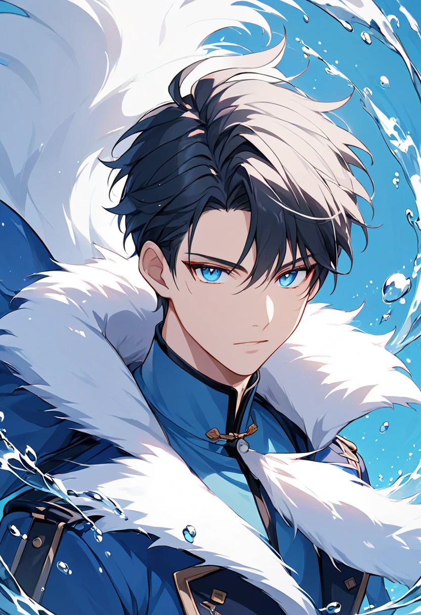 solo, handsome, 1 male, blue coat, white fur, short hair, black hair, blue eyes, Avatar, water