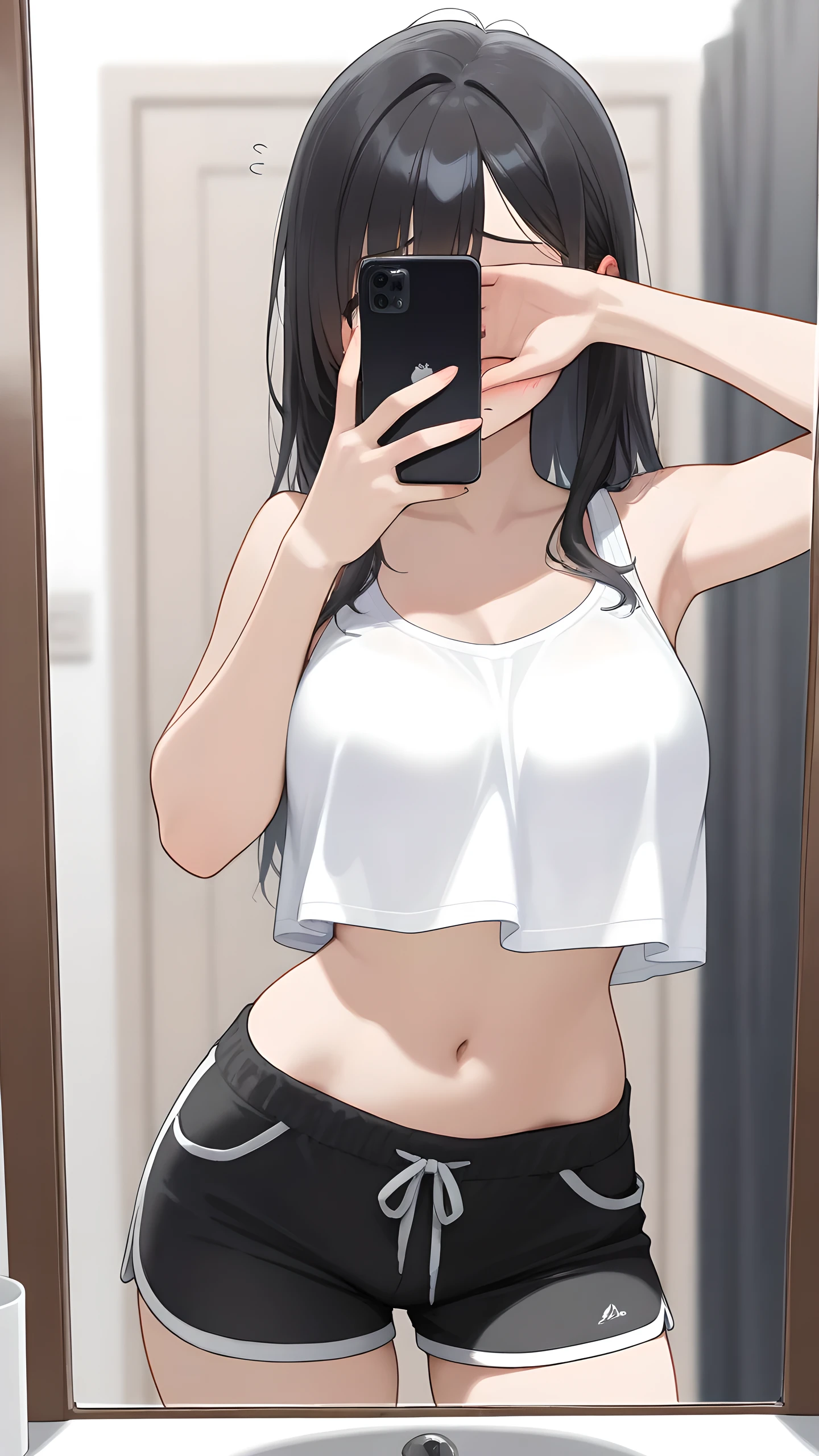 masterpiece, best quality, highres, red and black hair, in front of mirror, selfie, navel, tank top overhang, midriff, hips tilt, embarrassed, covering face, 