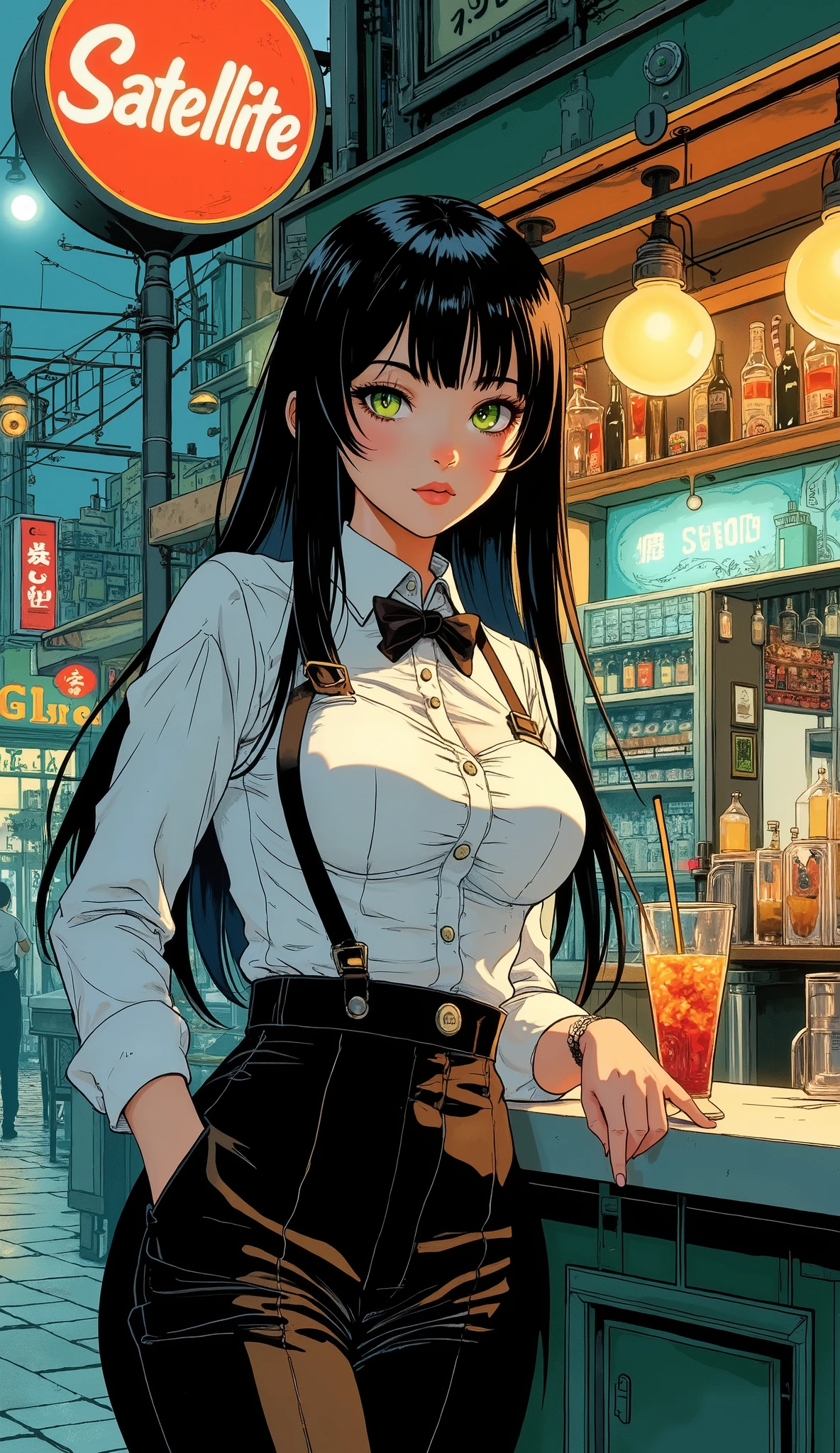 Scenery with a street stall in an office district, Beautiful clerk, beautifully detailed eyes, Beautifully Detailed Lips , highly detailed eyes and faces, long lashes, long straight black hair , green eyes, Street Food Bars , Cocktails Lined Up , sign"SATELLITE", Detailed finger features, ( Bartender Costumes, waiter apron, Black vest, Y shirt, black pants style), Ambient Stalls , dramatic lighting , dark fantasy , indecent vibe, Beautiful round breasts:1.2, tempting viewers :1.2, bright color, cinematic composition , anime style:1.2, Detailed CG illustration, 8k, masterpiece.