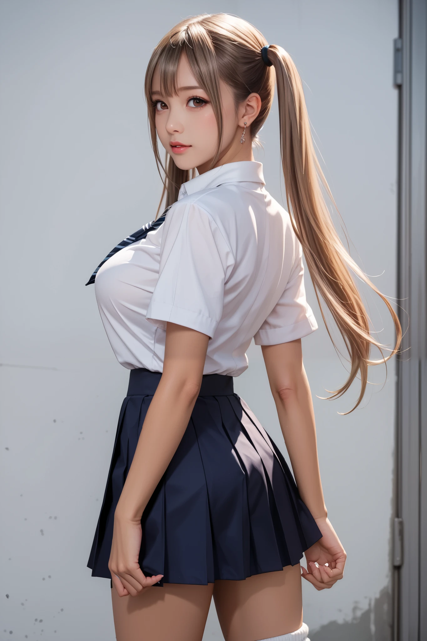 score_9, score_8_up, score_7_up, score_6_up, score_5_up, score_4_up,
1girl,Alone:1.2,(tan Skin:1.3)
beautiful Japanese girl,large breasts,Small waist,complete body,
school uniform, plain white collared-shirt,large breasts,short sleeves, navy pleated skirt, mini skirt, A-line, loose socks,
break,japanese girl,gravure,
good hand,blonde long hair,twintails,gal,necklace,Earrings,(brown eyes),
BREAK,
from back shot,(A girl looks back and smiles), (Her skirt flutters),(At Shibuya Crossing),JK,