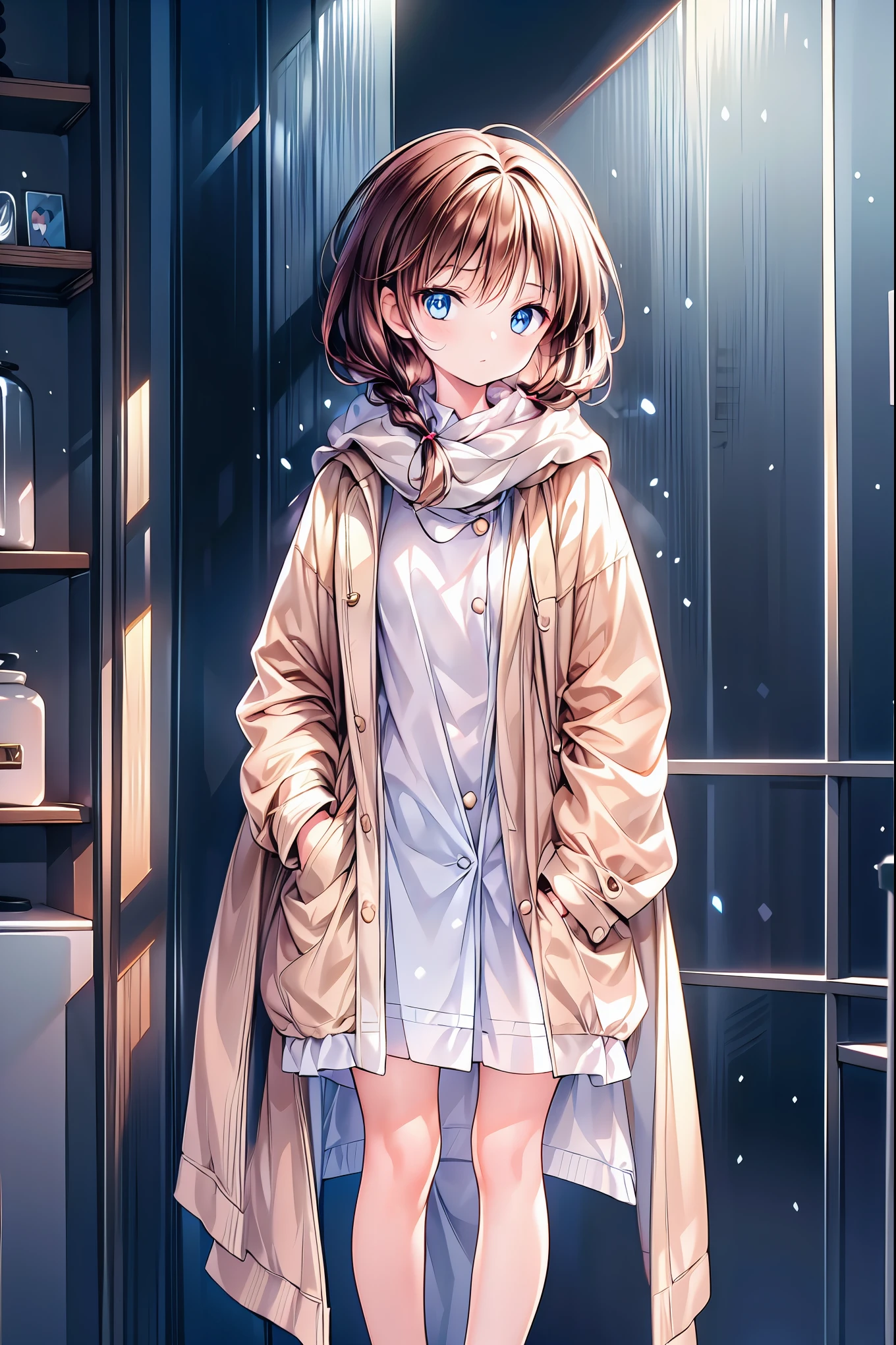 girl in a white coat， brown hair， Shortcut ， Unkempt Hair ，Short braided hair，Neat， slender beautiful woman，Correct posture，Small chest， Beautiful Legs， Her enchanting gray-blue eyes shine like stars，Droopy eyes， bright color, beautiful eyes,A delicate smile,Textured Skin, Best Quality at its Best , gentle and beautiful woman , anime style､