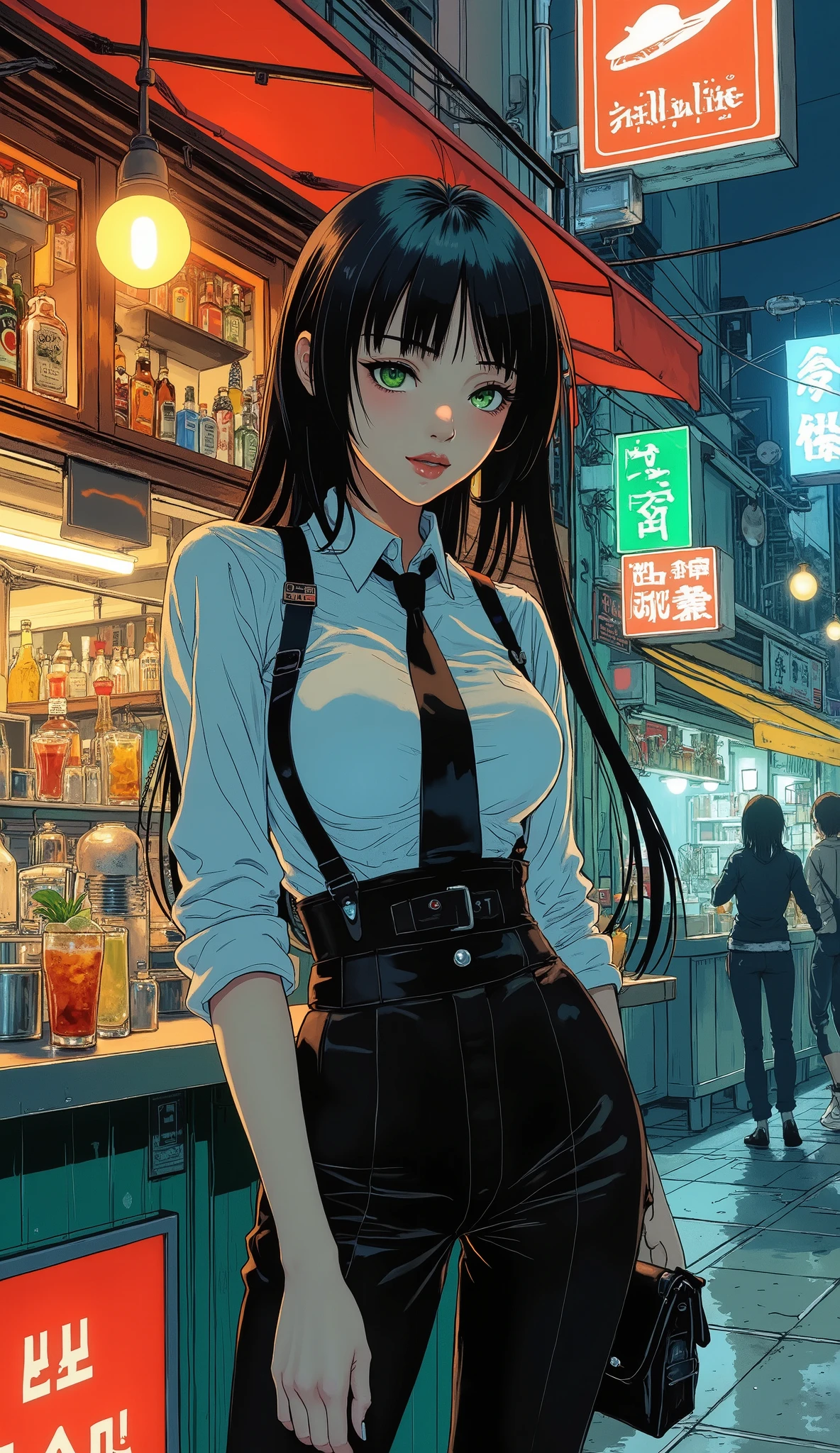 Scenery with a street stall in an office district, Beautiful clerk, beautifully detailed eyes, Beautifully Detailed Lips , highly detailed eyes and faces, long lashes, long straight black hair , green eyes, Street Food Bars , Cocktails Lined Up , sign"SATELLITE", Detailed finger features, ( Bartender Costumes, waiter apron, Black vest, Y shirt, black pants style), Ambient Stalls , dramatic lighting , dark fantasy , indecent vibe, Beautiful round breasts:1.2, tempting viewers :1.2, bright color, cinematic composition , anime style:1.2, Detailed CG illustration, 8k, masterpiece.