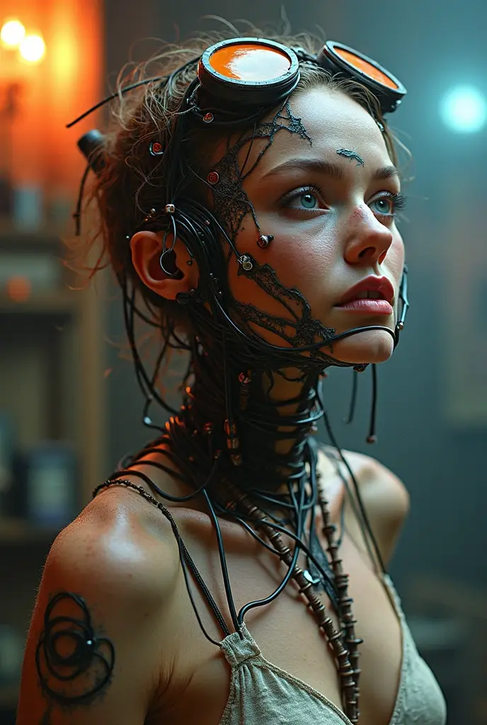 Face of a rusty metal robot, dark sad metal eyes, crying eyes , hanging mouth with loose metal teeth’s, spiderweb on the face, dark scenery, framed by old dirty wall, dust, broken parts 1965