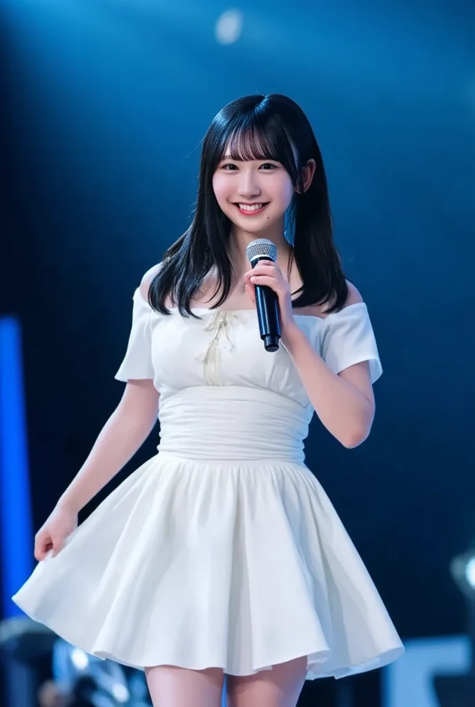 (8k、   RAW photos 、   top quality 、Masterpiece:1.2)、(   realistic 、   realistic )、   1 girl、((   Off-the-Shoulder White Dress、 、   on stage、   illuminated by a spotlight、 Front View 、smile、   staring at the camera  、smile、   full body photo:1.5))、   cute、   small breasts、   Singing on a microphone   、dance、(( Skirt fluttering in the wind  ))