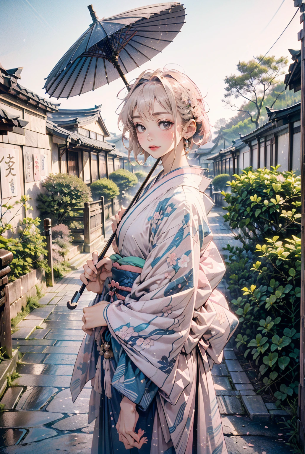 1girl,solo,cute,(((((pink short hair,blue eyes))))),
kimono,japanese umbrella,wagasa,
at garden,japanese style, ((cobblestone)),((garden)),winter,brilliant view,sunshine,