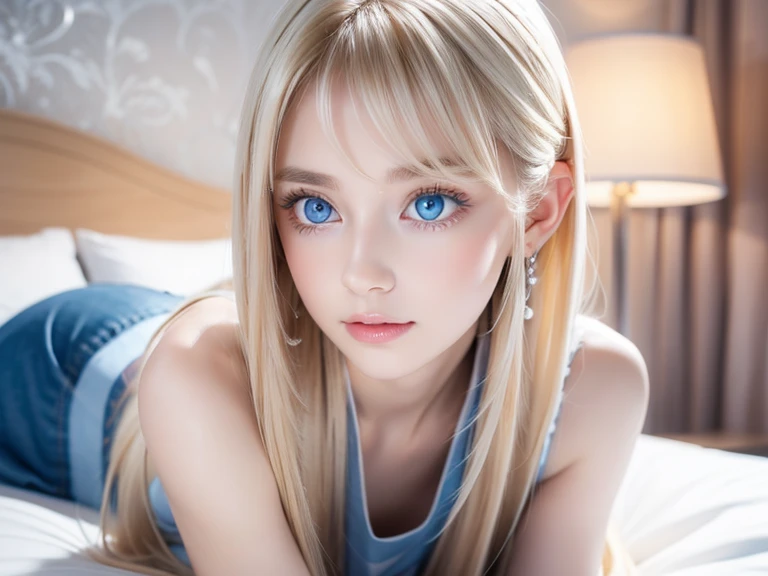 Beautiful innocent 20 year old blonde girl、Beautiful shining platinum blonde hair、bangs fall on face、((Wearing an open white T-shirt,Dramatic Pose)),sexy look,Super long straight blonde silky hair,Bed Background,Beach Background、RAW Photos, (8k、highest quality、masterpiece:1.2)、(Intricate details:1.4)、(Realistic:1.4)、Octane Rendering、Ultra-detailed with exquisite 3D rendering, Studio Soft Light, Rim Light, Crisp details, Super Detail, Realistic skin texture, Cheek gloss、Detailed aspect, Very beautiful bright pale blue eyes, Very big eyes、Highly detailed CG Unity 16k wallpaper, Perfect beauty、Round face、compensate, (Detailed Background:1.2), Shiny skin, whole body、From head to thighs、Cleavage,((sleep with your head up、Angle of view from above))