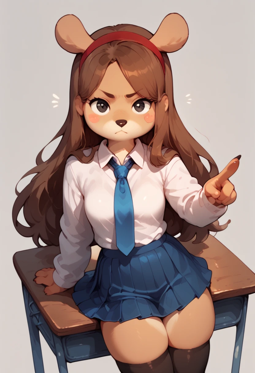 ( score_8, furry ,by sniffsnorf ) Mabel , 1girl, skirt, brown hair, solo, thighhighs, necktie, hairband, long hair, blue necktie, desk, collared shirt, shirt, red hairband, pleated skirt, school desk, zettai ryouiki, school uniform, blue skirt, sweater, blush stickers, pointing, long sleeves, grey background, white shirt, skindentation, simple background, black eyes, looking at viewer, pointing at self, closed mouth