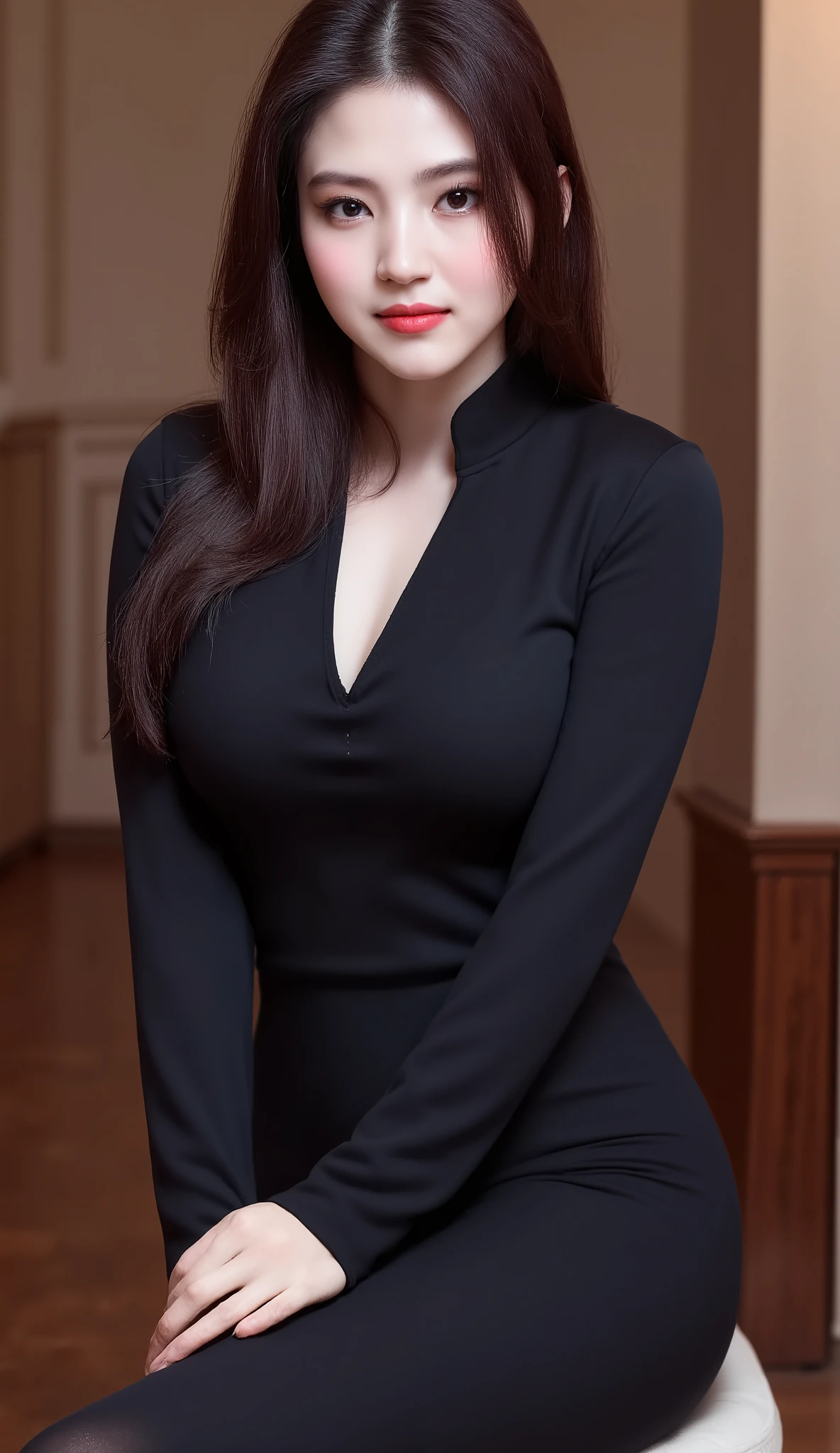  of a 25 year old woman,  sitting facing forward,   using black tight formal shirt, black long tight formal skirt ,  dark red lips , Smiling face