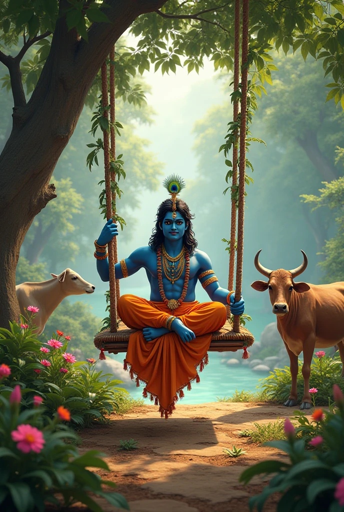 Load krishna swing in mountain with white cow and baby cow