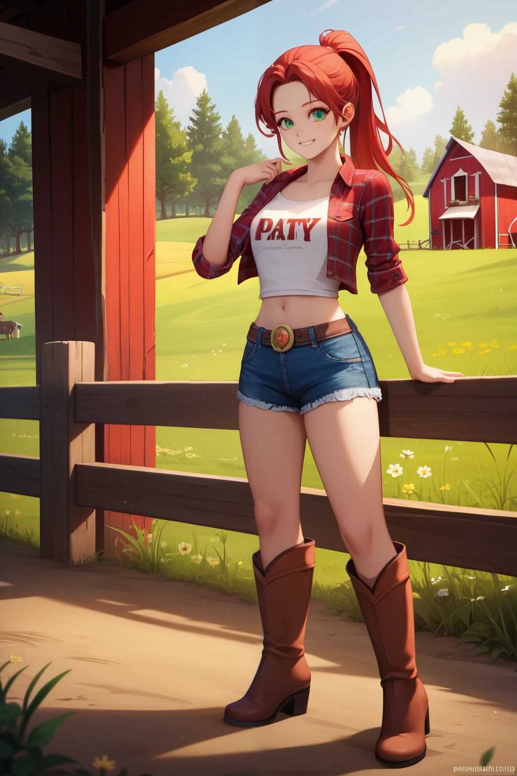 (extremely detailed CG unity 4k wallpaper),(masterpiece),(best quality),(ultra-detailed),(best illustration),(best shadow),(absurdres),(detailed background), Red long hair (Ponytail), green eyes, Daisy dukes, Smiling, Boots, Farm,