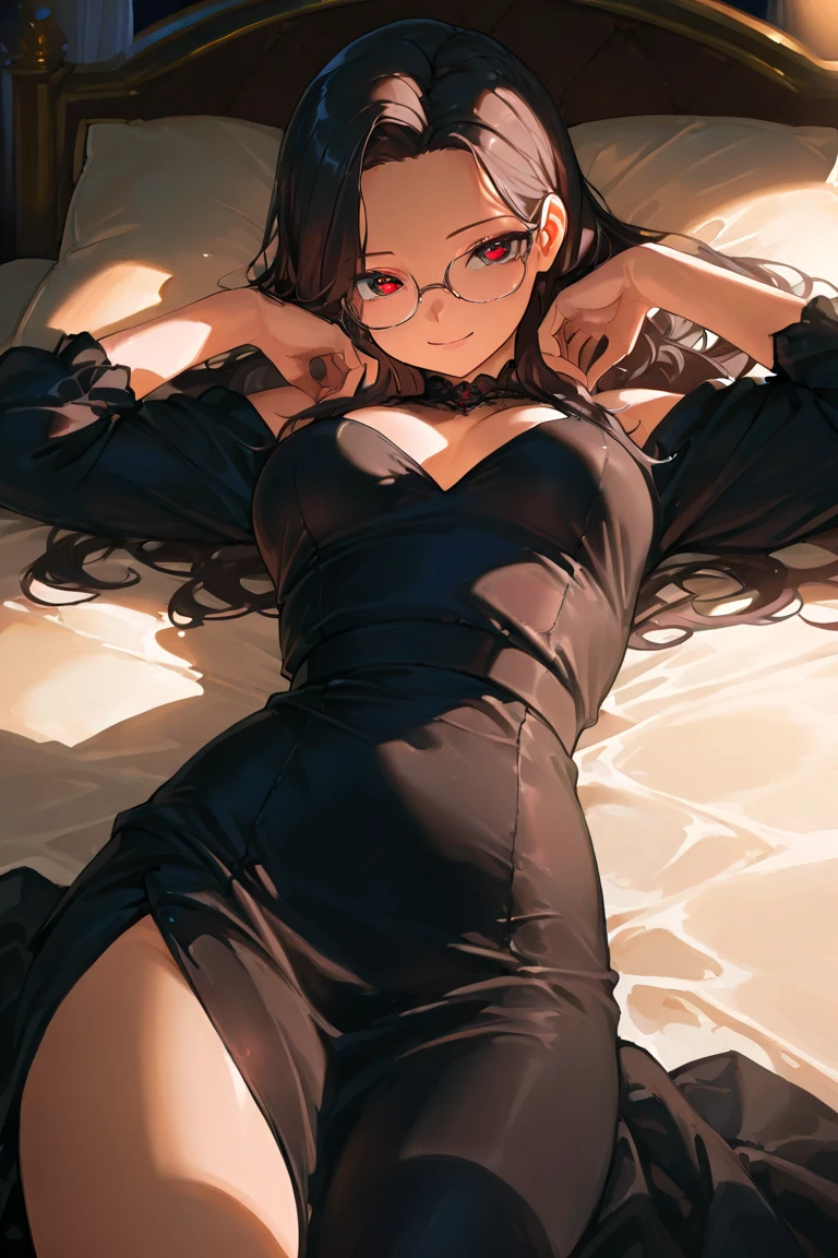 ((best quality)), ((masterpiece)), 1girl, long dark parted hair, cute red eyes, elegant look, glasses, sexy dress, dynamic shot, royal bedroom, dynamic lighting, beatiful hands, detailed pupils, detailed eyes, shady room, night, dramatic pose, lying on bed, curvy body, medium breast, shot from top, smile