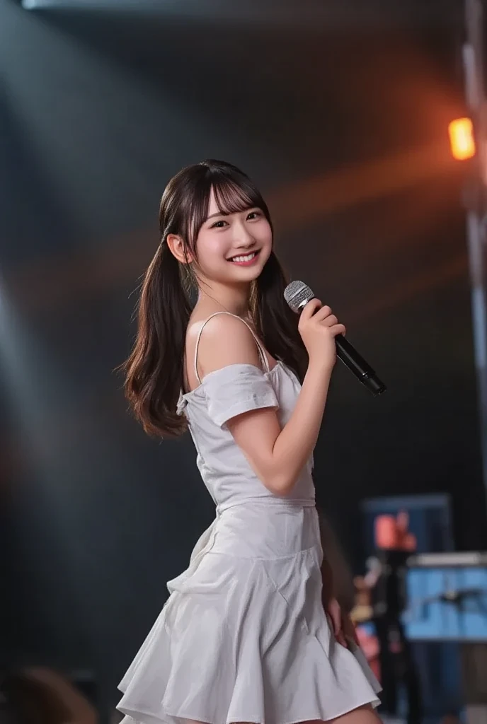 (8k、    RAW photos 、    top quality 、Masterpiece:1.2)、(    realistic 、    realistic )、    1 girl、((    Off-the-Shoulder White Dress、 、    on stage、    illuminated by a spotlight、 Front View 、smile、    staring at the camera  、smile、    full body photo:1.5))、    cute、    small breasts、   Singing on a microphone   、Dancing、((  Skirt is fluttering in the wind  ))