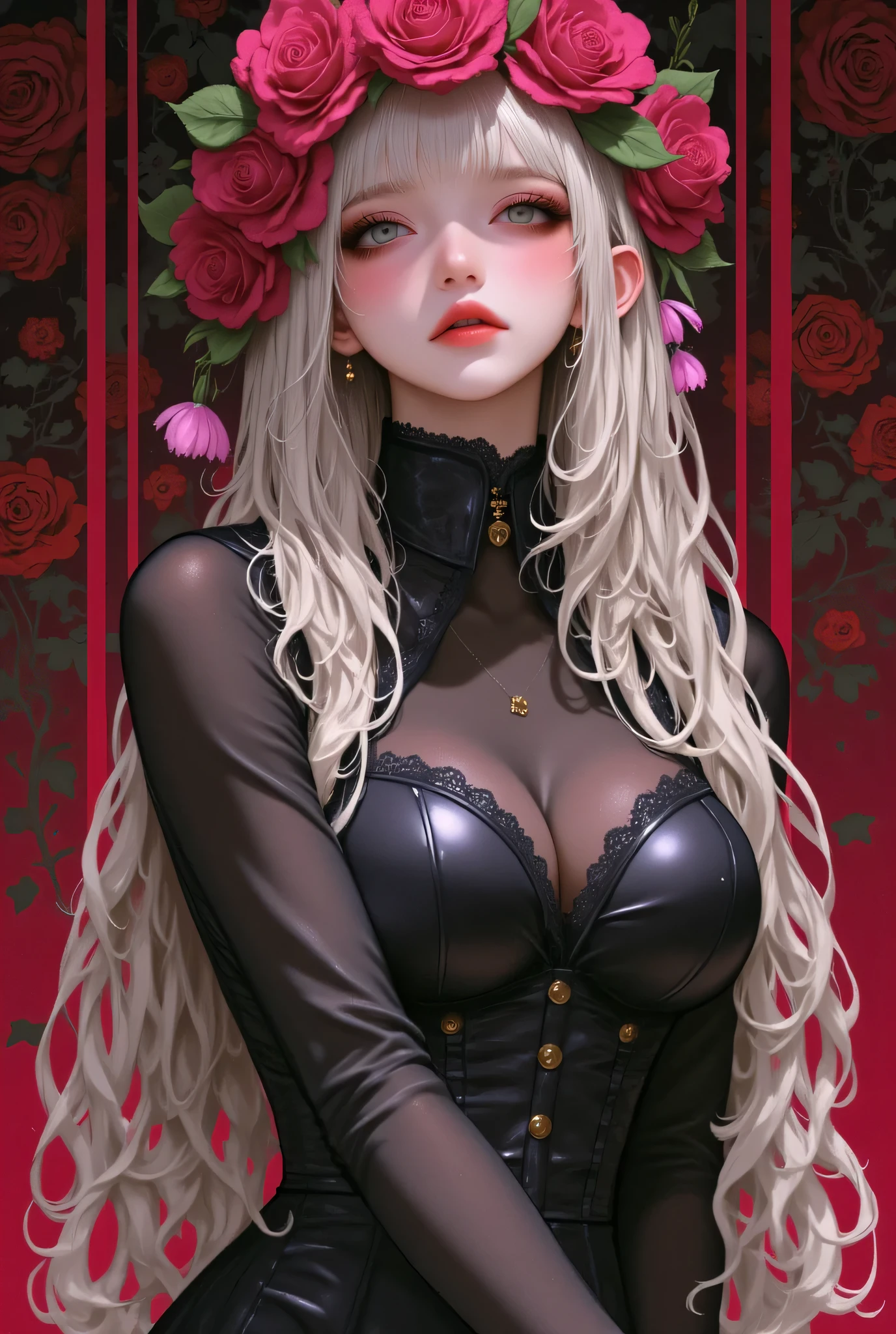 (masterpiece:1.3, top quality :1.3, detailed depiction :1.3, Amazing high definition :1.3, High Quality Anime Paintings ), (alone:1.2), 1 girl\elf, sexy wear:1.4,  whiplashの太もも:1.6,  whiplash:1,5, Voluptuous body,  A dress with the image of young plants and large leaves:1.3,  crown made of flowers:1.3,  huge breasts :1.3,  soft:1.5