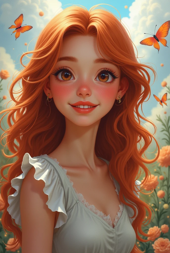 light, Forest glade, young woman, red-haired curly, with brown eyes, freckles on the face, smiling, in an 80s dress, light, village.