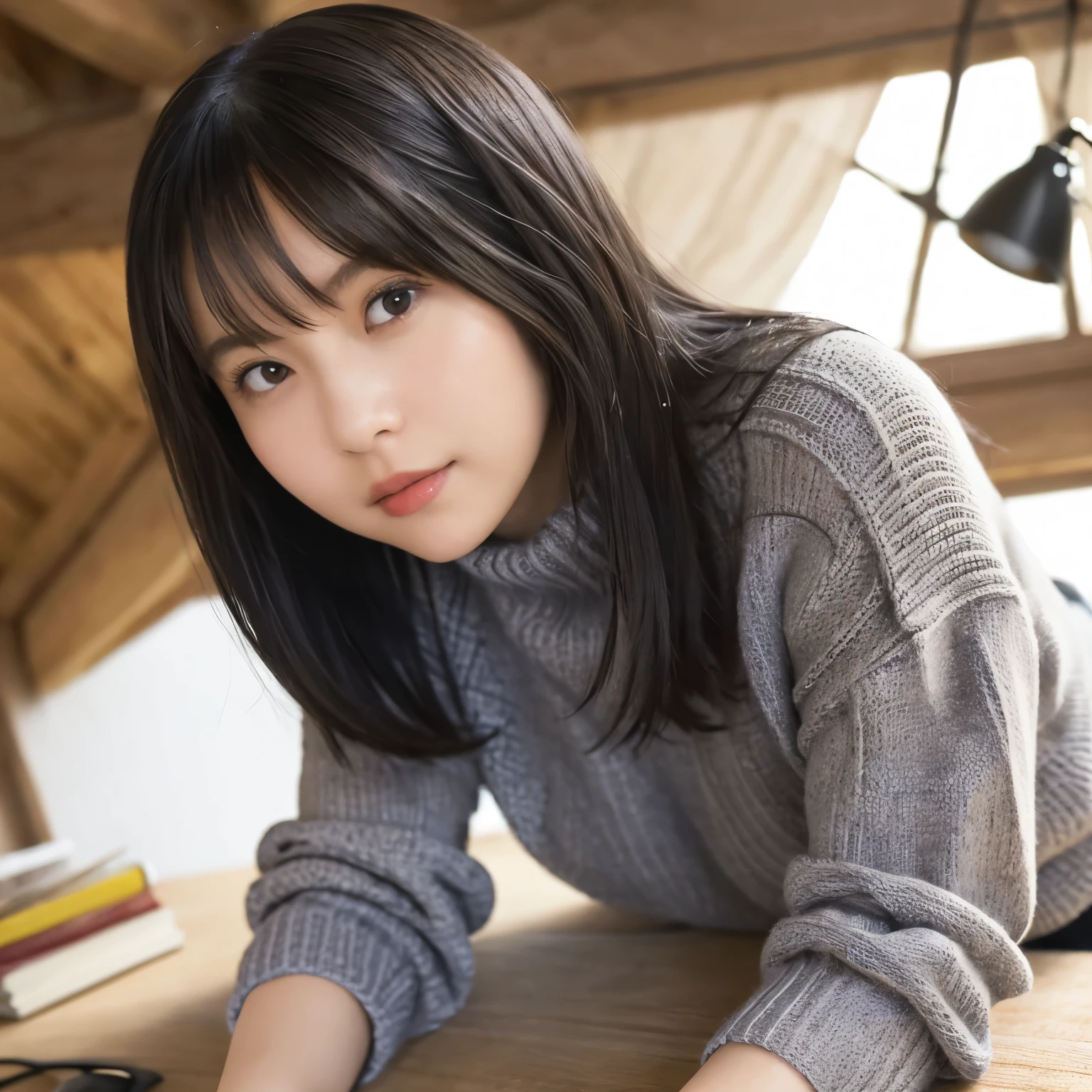 Soft knitted sweater ,  Looking up from a position lying face down at the desk ,  Natural gestures to look at the camera ,  relieved expression in the vineyard,  A friendly and calm feeling of everyday life ,  Relaxed Mood ,  face close-up ,  selfie,  girl, busty,  black hair,  straight hair,  with bangs, 's greatest masterpiece,  professional lighting, Lighting from the front, reflex version