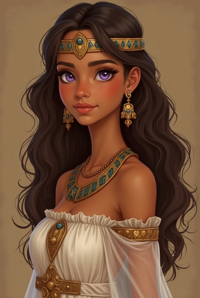 Teenage girl with tanned skin, long wavy brown hair, light purple eyes. Ancient Egyptian style off shoulder dress with a flowy see through cape. Wearing a necklace, earrings, and a circlet around her forehead