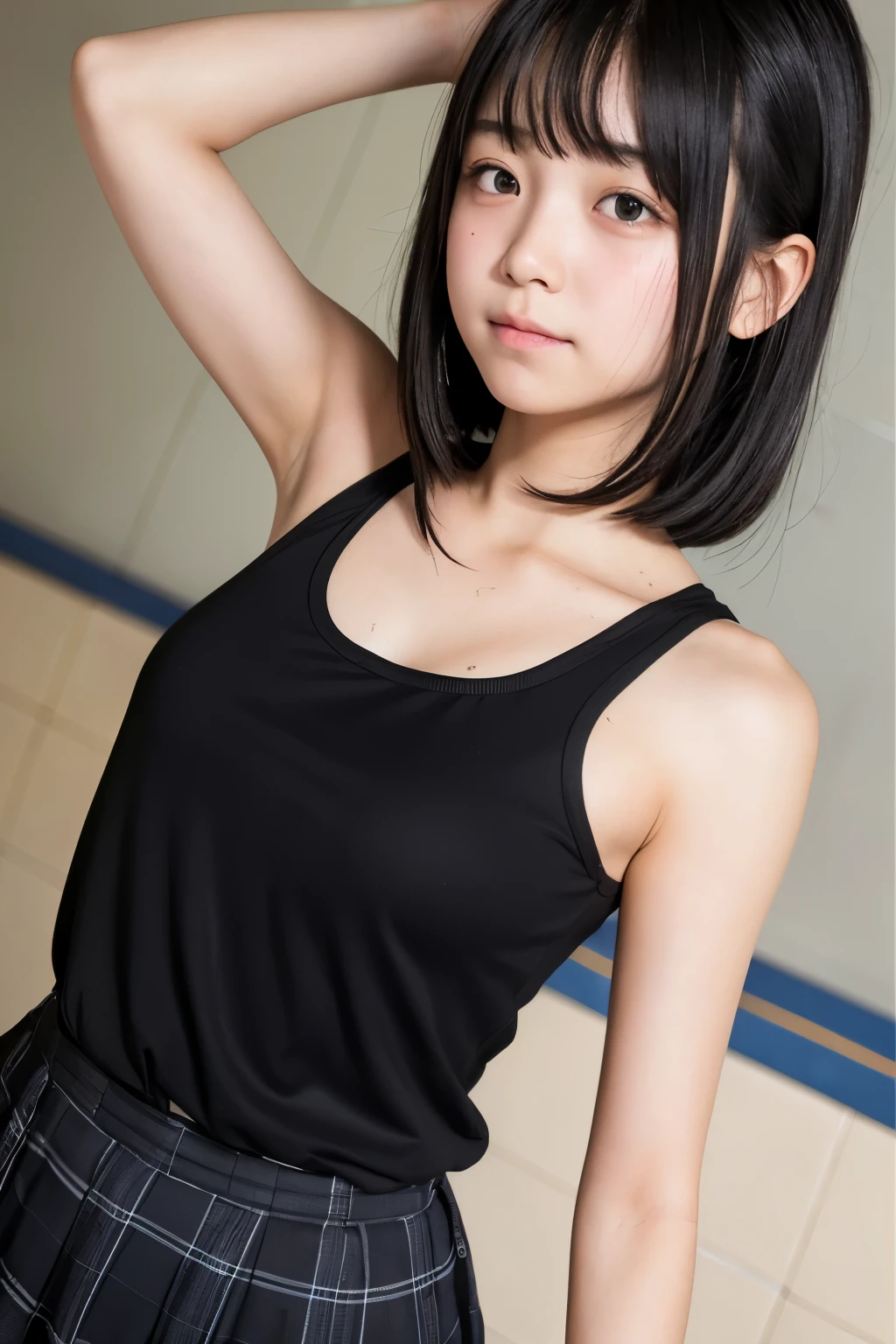 RAW Photos, 15 year old Japanese, 、Black short bob, Short Hair, asymmetric hairstyle、small size of breasts, Flat Chest、Slim body, Realistic, masterpiece, highest quality,Best Shadow,  , Photorealism, Hyperrealism, Only one girl, (Urinating : 1.3), School Swimsuit、School swimsuit、Women&#39;s locker room、Wet with water