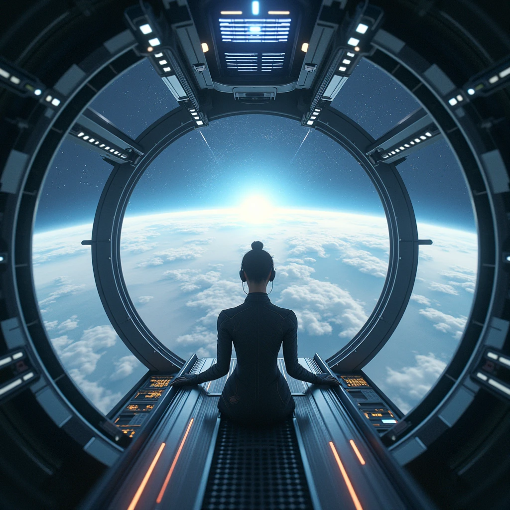 A hyper-realistic, futuristic scene set on a sleek space platform orbiting a vibrant, distant planet, inspired by Moebius, Boris Vallejo, The Brothers Hildebrandt, Steve Hanks, and Dalhart Windberg. The platform features transparent walkways and metallic surfaces reflecting the soft ambient light of the planet below, with flowing organic curves and high-tech elements. A female protagonist, dressed in a sleek bodysuit with shifting patterns, stands at the edge, gazing at the panoramic view of the planet's swirling blues, greens, and purples. The scene explores themes of isolation, introspection, and the intersection of human presence and cosmic possibilities, drawing from the works of Edward Hopper. The image is a captivating blend of vibrant, dark fantasy, fashion, painting, 3D render, and photo, painting, vibrant, 3d render, dark fantasy, photo, illustration, fashion.
