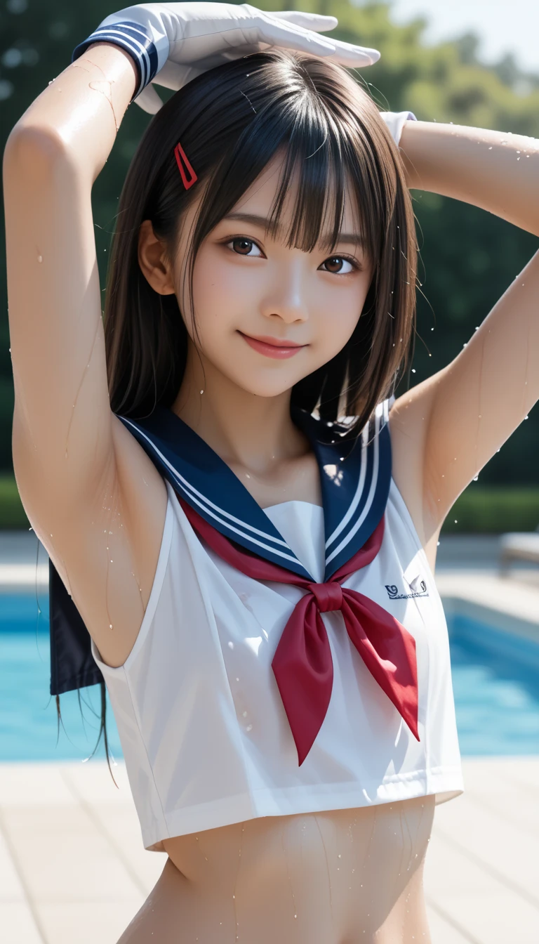  wet single Japanese  、masterpiece 、  top quality 、  ultra high definition、 realistic、 dim sunset sunset 、  RAW photos 、4K Ultra HD、1080P、 oily skin、 brown eyes、 black hair、 wet straight hair 、 beautifully manicured hair 、smile、 selfie、 side view、 break (((  beautiful model armpit close-up  、 pay attention to armpits  ,  focus clearly on armpits)))、 break (((Close-up armpit )))、 break ((( focus on beautiful armpits )))、 break (((Wet sailor collar , sailor red ribbon、sailor cuffs、White Gloves、No pants)))、(((Wet sailor collar , sailor red ribbon, yellow headband 、 hair clip)))、((Sunset sky 、Outdoor Pool、 blur background))、((( flat chest without bulging、Five fingers)))、((( anatomically correct)))