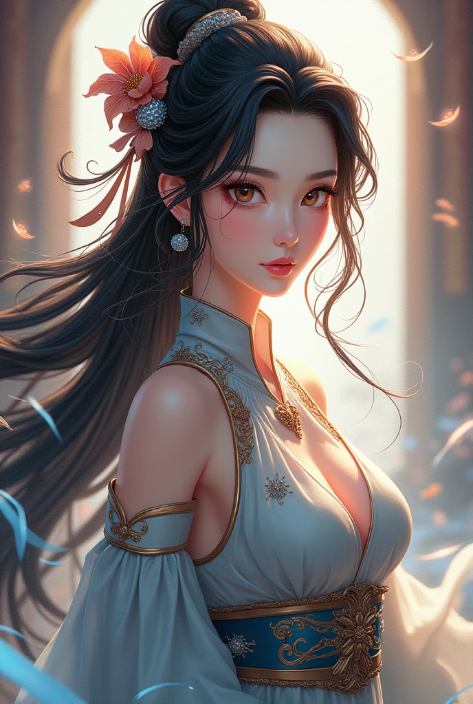 ((((highest quality))))、(((Ultra-precision CG16K wallpaper)))、(((masterpiece)))、(((Super detailed)))、(((super extreme details)))、１people&#39;s women、mature woman、24 year old woman、((Japanese face))、((very beautiful face))、((Beauty:1.5))、((straight long ponytail hair:1.3、blunt bangs))、(shiny brown hair)、beautiful delicate eyes、brown eyes、raised eyebrows、high nose、small nostrils、small mouth、seductive lips、beautiful breasts、((C cup size breasts))、cleavage、plump body、(Chubby body type)、perfect proportions、perfect anatomy、perfect composition、beautiful detailed shading、beautiful natural lighting、beautiful detail glow、Depth of the bounds written、(((High chroma)))、(((real:1.9)))、((vivid:1.5))、((edge:1.6))、((beautiful skin))、((skin texture))、((realな皮膚感))、(((bust shot:1.6)))、((Angle seen from the front:1.5))、((shy smile:1.5))、(Eyes looking at me:1.5)、Bright daylight、(((background_curtain:1.3)))、(standing pose:1.5)、(((White sleeveless collared hem-tied blouse:1.6)))、((necklace、Wearing earrings:1.3))、