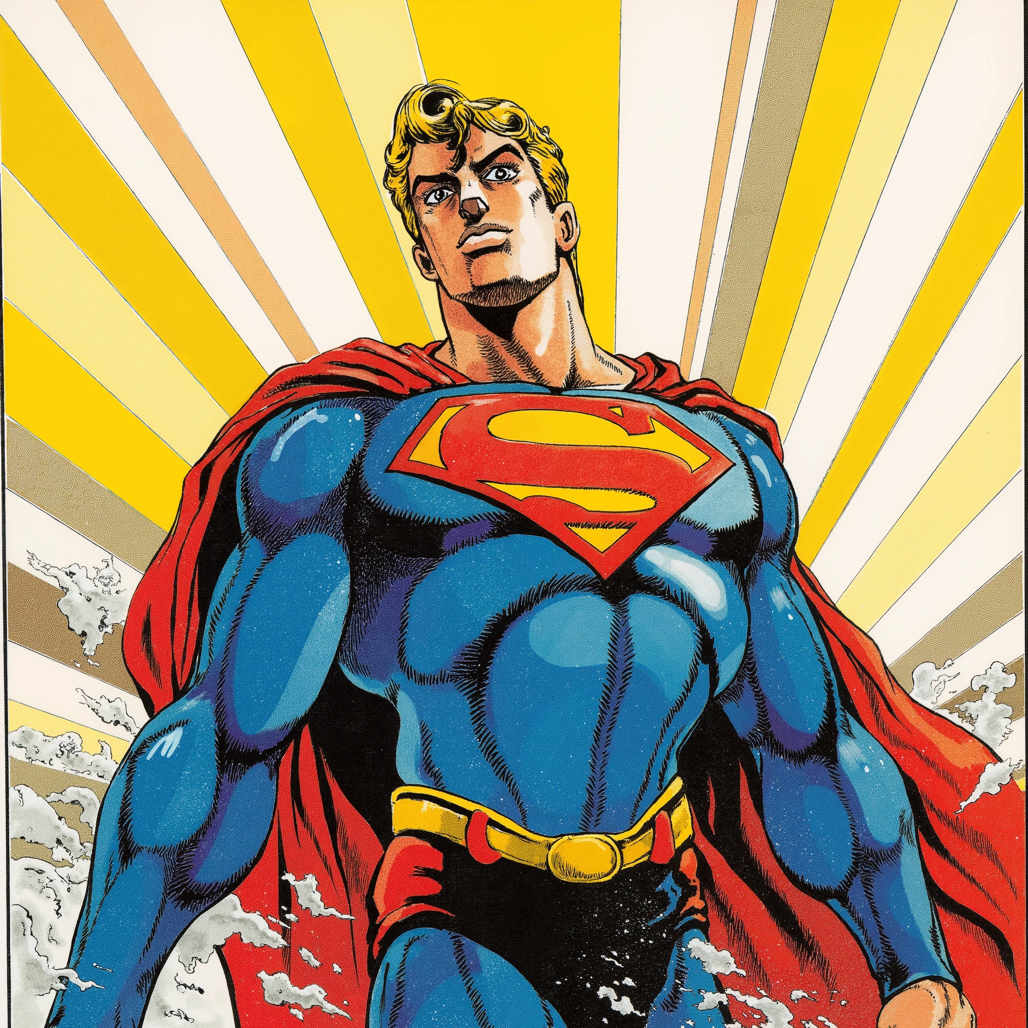 reminiscent of Hirohiko Araki 、 in an amazingly complex traditional art style , brave and determined superman 々 looking at viewers with an arrogant expression , shimmers under an invisible light , emphasizes its smooth contours and detailed panels . his striking blond hair , Gracefully flowing down his back , suit that embodies contrast brilliantly with bold colors. eyes convey unwavering concentration , The , takes dramatic poses that exude confidence and strength .