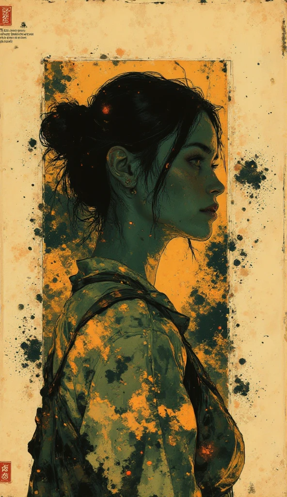 A highly stylized digitally drawn hyper-realistic abstract collage artwork, featuring a woman with a striking and enigmatic expression at the center. Her face is partially obscured by overlapping papers and abstract shapes, with long, dark hair cascading around her shoulders. The lighting is soft and warm, casting a gentle glow on her features, accentuating her large, expressive eyes as she gazes directly at the viewer with a blend of curiosity and intensity. The background is a stark white canvas, allowing the vibrant elements of the collage to stand out. Surrounding her face are torn and textured papers in shades of yellow, orange, and brown, overlaid with bold black lines and geometric shapes that add depth and complexity to the composition. Scattered throughout the image are pieces of text in various fonts and sizes, with the numbers "696969" prominently featured in the lower right corner, hinting at a cryptic narrative or reference. The style is a dynamic fusion of modern abstract art, pop art, and digital collage, creating a visually striking, layered composition that blends traditional materials with contemporary techniques. The composition maintains a sense of fluidity and interaction, inviting viewers into a mysterious, yet sophisticated visual experience.
