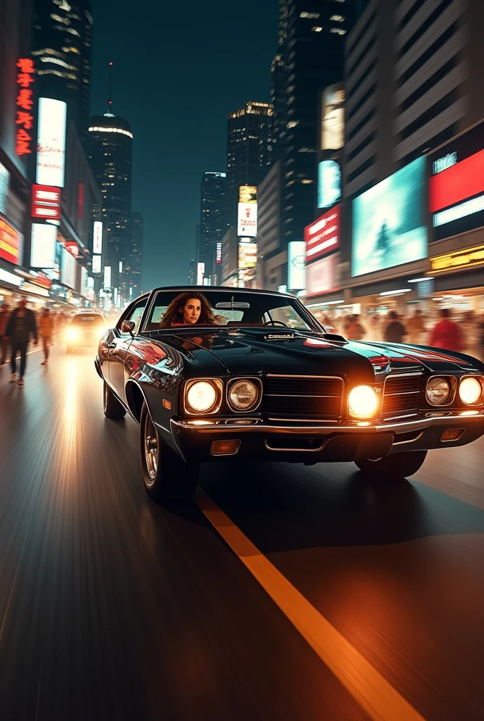 Create for me the cover of my book Make a busy road a car as if it had come at high speed with the headlights up high and inside the car a beautiful woman with a terrified face