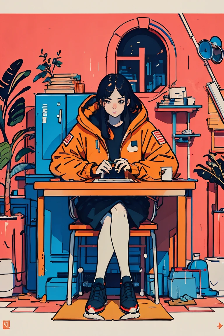  there is a picture of a woman sitting at a computer desk,  There is an ashtray and cigarette butts on the work desk ,Kilian Eng. Moebius,  inspired by Tom Wesselman ,  full color illustration ,   A clean illustration inspired by skiers ,  Detailed 2D Illustration , Detailed painting by Gouache , Poster illustration,  Inspired by NEVERCREW  ,  2D Gouache Illustrations,  colorful illustrations