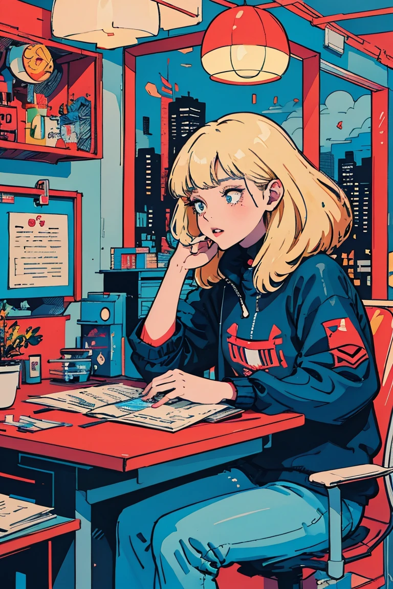  there is a picture of a woman sitting at a computer desk,  There is an ashtray and cigarette butts on the work desk ,Kilian Eng. Moebius,  inspired by Tom Wesselman ,  full color illustration ,   A clean illustration inspired by skiers ,  Detailed 2D Illustration , Detailed painting by Gouache , Poster illustration,  Inspired by NEVERCREW  ,  2D Gouache Illustrations,  colorful illustrations