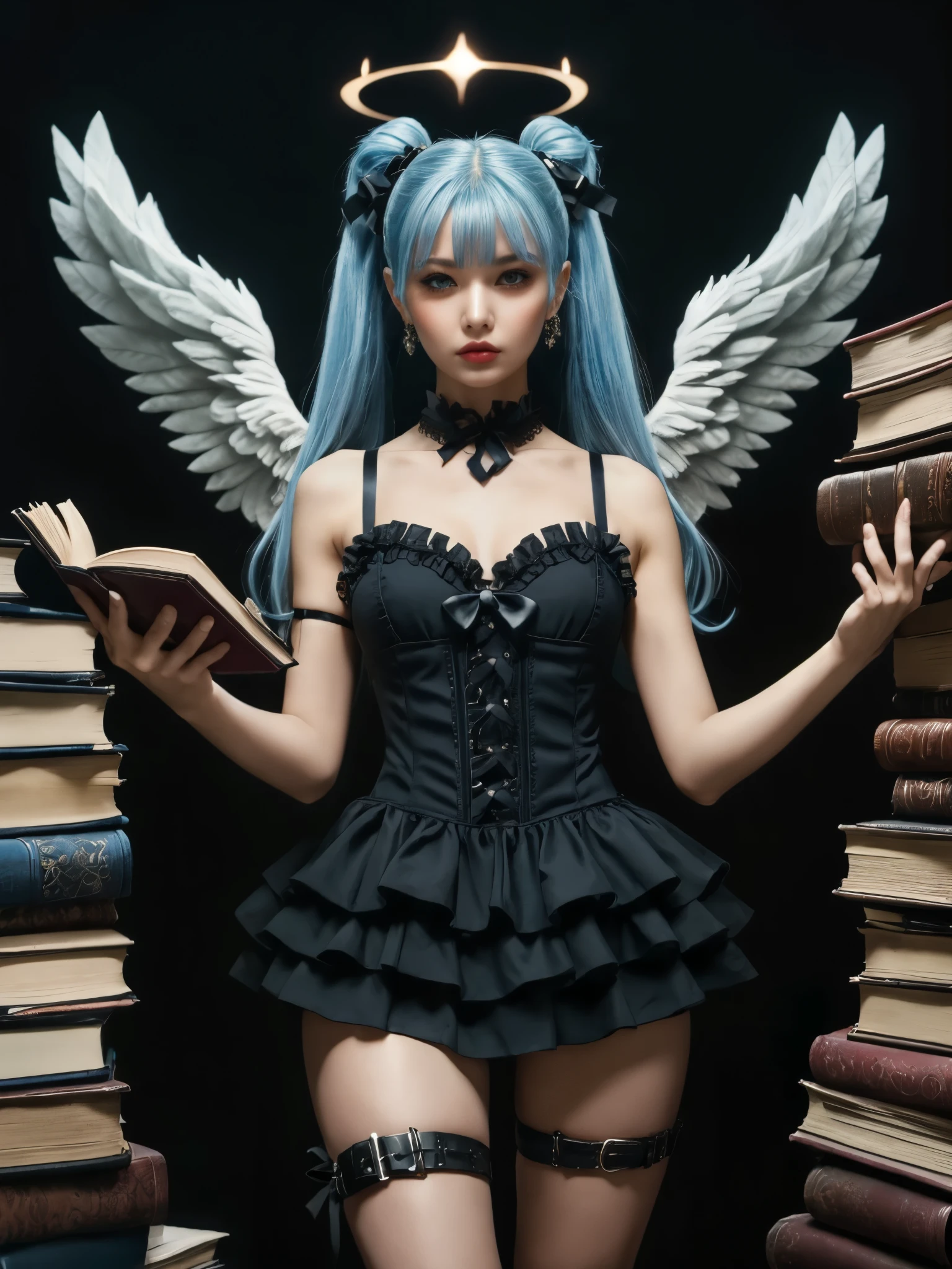 girl, holding book, mini dress, wings, detailed feathers, halo, long hair, bun twintails, bangs, looking at viewer, thigh, thigh strap, ribbon details, ruffle, lace-trim, pile of books, stack of books, beautiful villain, darkness, glamorous, hope, kindness, expressionless, black rose, light blue hair, fascinating, seductive villain, gothic-fashion style, piercings, oblique,