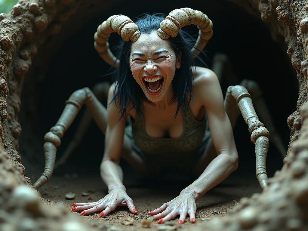 devil woman by pyramid with shrunken people, turned into a giant taller than pyramids 