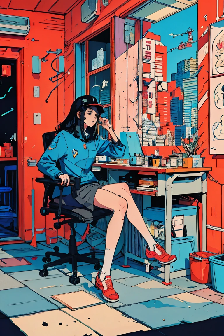  there is a picture of a woman sitting at a computer desk,  There is an ashtray and cigarette butts on the work desk ,Kilian Eng. Moebius,  inspired by Tom Wesselman ,  full color illustration ,   A clean illustration inspired by skiers ,  Detailed 2D Illustration , Detailed painting by Gouache , Poster illustration,  Inspired by NEVERCREW  ,  2D Gouache Illustrations,  colorful illustrations