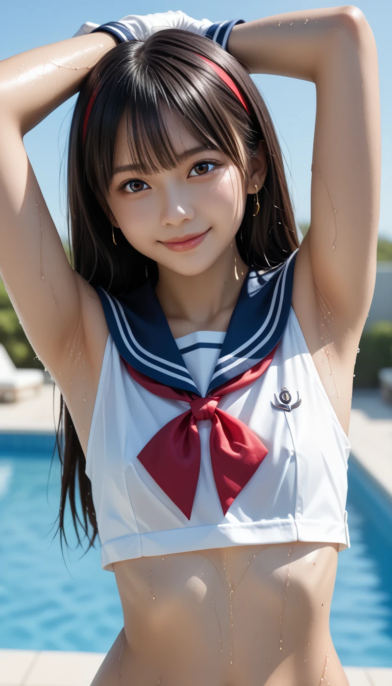 girl standing in city,sleeveless sheer pale-lemon-yellow leotard with white-only sailor-suit-collar,white headband with pale-lemon-yellow ribbon-bow,18-year-old,bangs,a little smile,thighs,crotch,knees,straight hair,hair blown by strong wind,from below