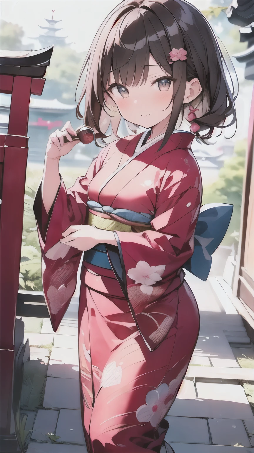 (((New Year's Temples and Shrines 、A girl visiting for the first time 、A girl wearing a peony glass furunose 、 very gorgeous brightly colored long-sleeved kimono:1.5、Girl walking in the precincts 、Teasing Smile)))、( brown hair short cut、 Beautiful Brown Hair 、hair over one eye:1.5、Diagonal bangs、Keep your head small、 Perfect Face、 Shiny Skin、 clear brown eyes 、 has small breasts、The butt is small)、(((Watercolor)))、 top quality、masterpiece、 ultra high definition、 8k、 show anime style 、 Softline Art 、Digital Enhancement、 shojo anime touch, shojo manga core, flowing fabric 、Soft Drawing、 ultra-fine digital animation art 、 Clear facial depiction、 super detailed girl cartoon character art 、 Ultra-detailed manga style、 top qualityの色