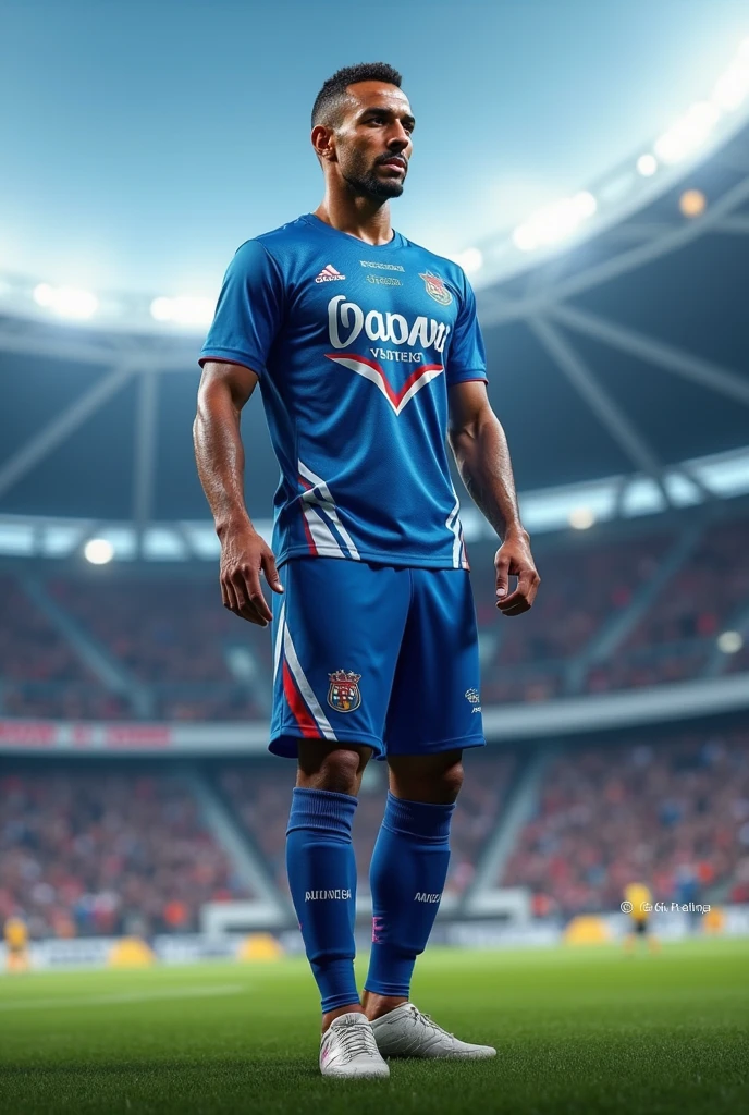 Dark blue soccer uniform with gold lines, Adidas and Spotify logo
