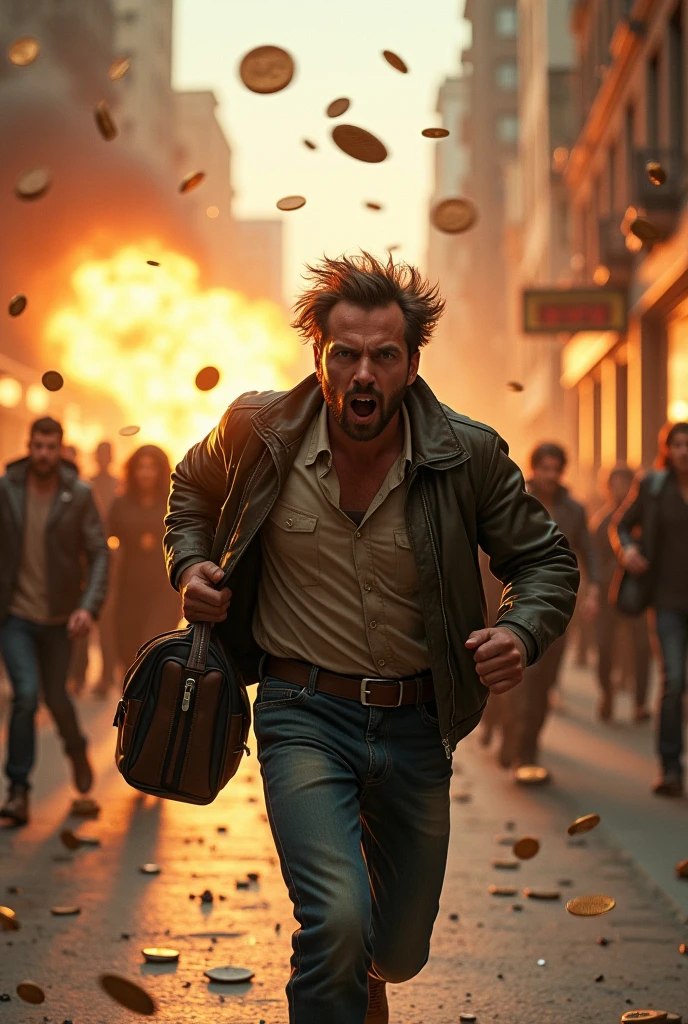 A crowded marketplace filled with colorful stalls, people buying and selling goods. Suddenly, a loud explosion shakes the area, sending people running in panic. The protagonist, a rugged man in his mid-40s, is seen running through the chaos, narrowly avoiding debris from the blast."