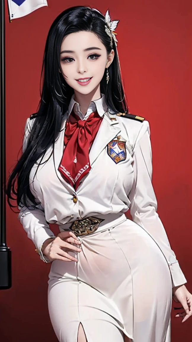 ((Best Quality)), ((masutepiece)), (Detailed), (highlight), Perfect face　Young girl with detailed face showing cleavage、Red eyes and long, thick, glossy, beautiful black hair with blunt bangs、Single-color background、Standing wearing school uniform with blazer and miniskirt、