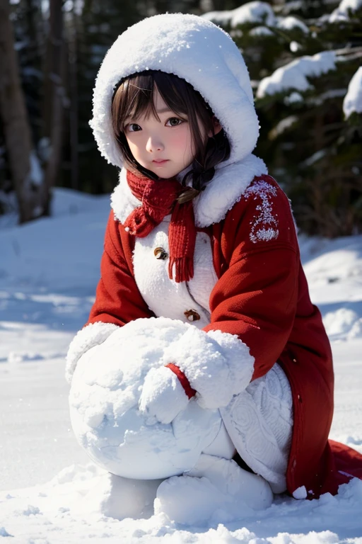 Express，anime style，A cute little friend，Draped in a red cloak，playing in the snow